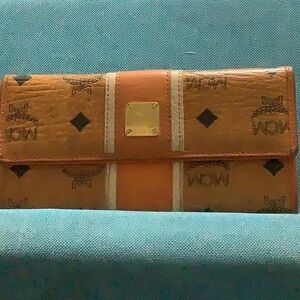 MCM Tan and Brown Logo Clutch/trifold wallet